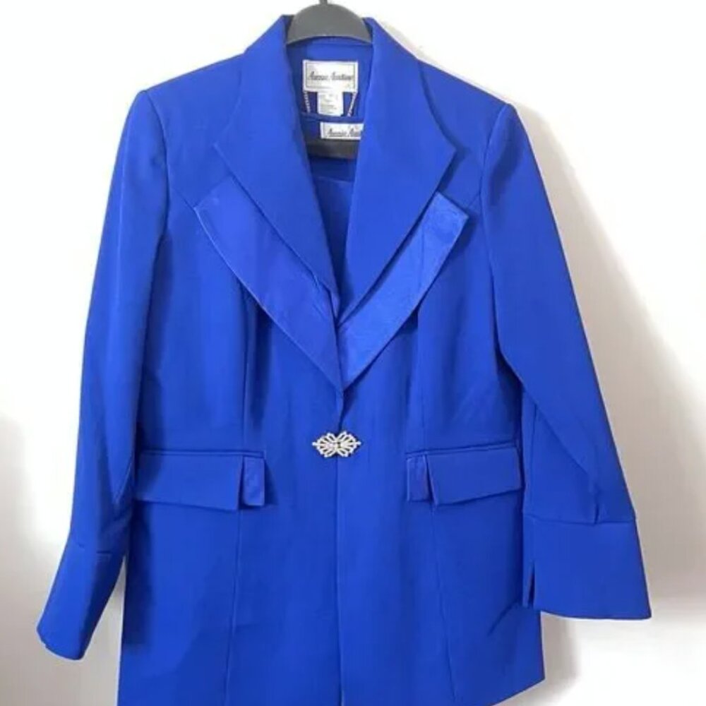 Aussie Austine 3-Piece Royal Blue Occasion Suit | Satin Lapel Jacket‎ Long Skirt
